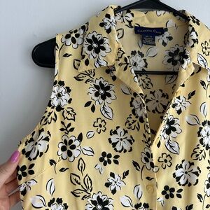 Charter Club Black and White Floral Yellow Sleeveless Shirt